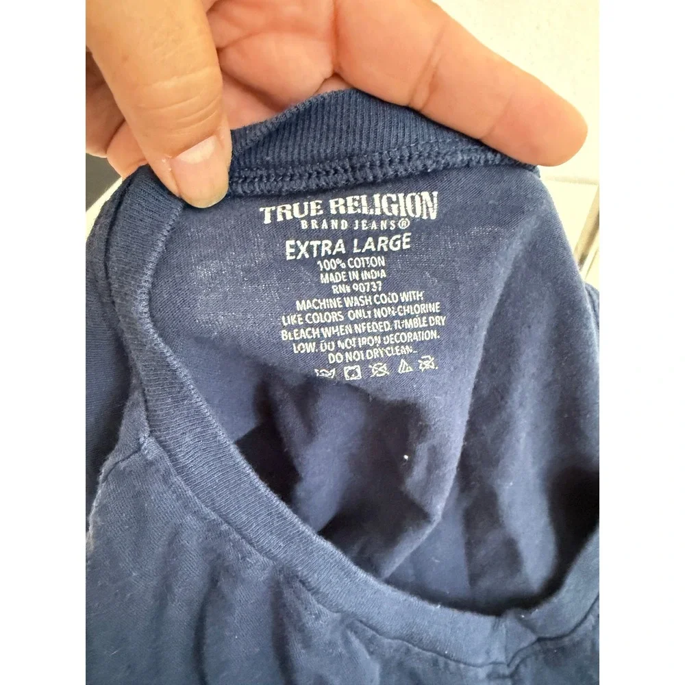 True Religion Mens Navy Blue V-Neck Cotton T-Shirt Horseshoe Logo XL Extra Large